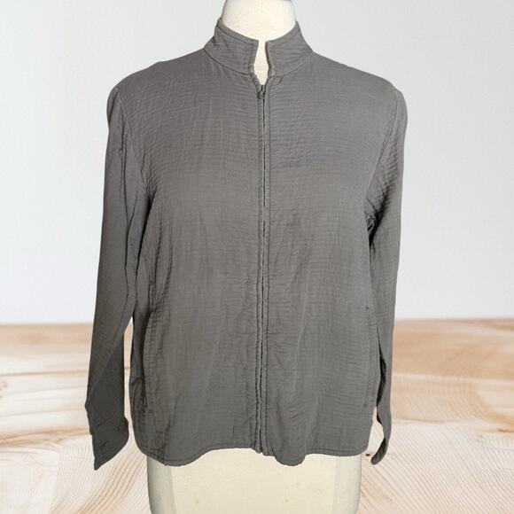 Eileen Fisher Gray Khaki Full Zip Jacket Size M Pockets Textured Cotton Short - Picture 6 of 8